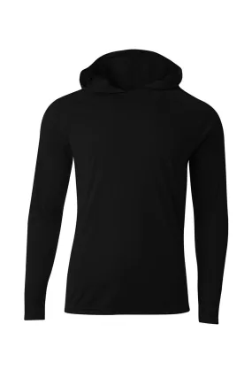 A4 Mens Performance Moisture Wicking Long Sleeve Hooded T-Shirt Hoodie - Black