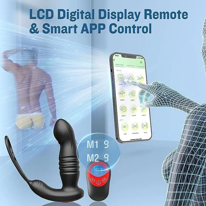 APP Control Vibrating Cock Ring Thrusting Dildo Anal Vibrator - Remoter Control Male Sex Toys