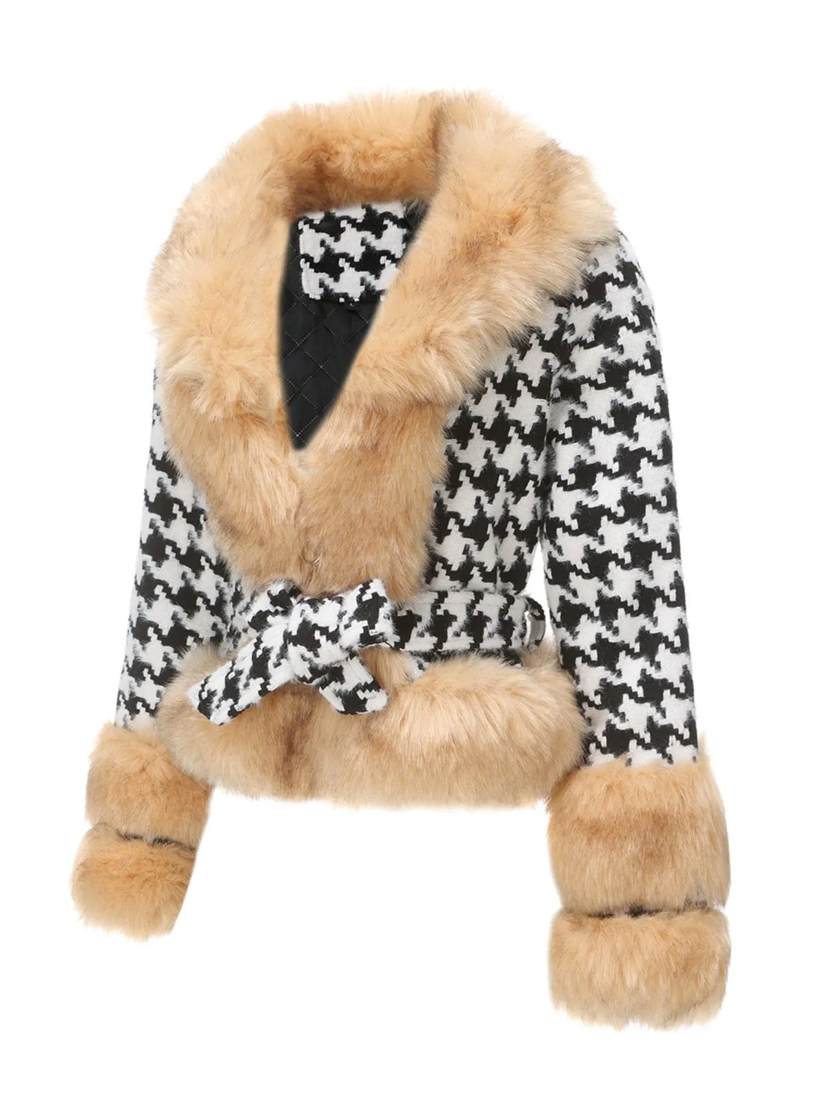 Apricot 1950s Houndstooth Faux Fur Coat