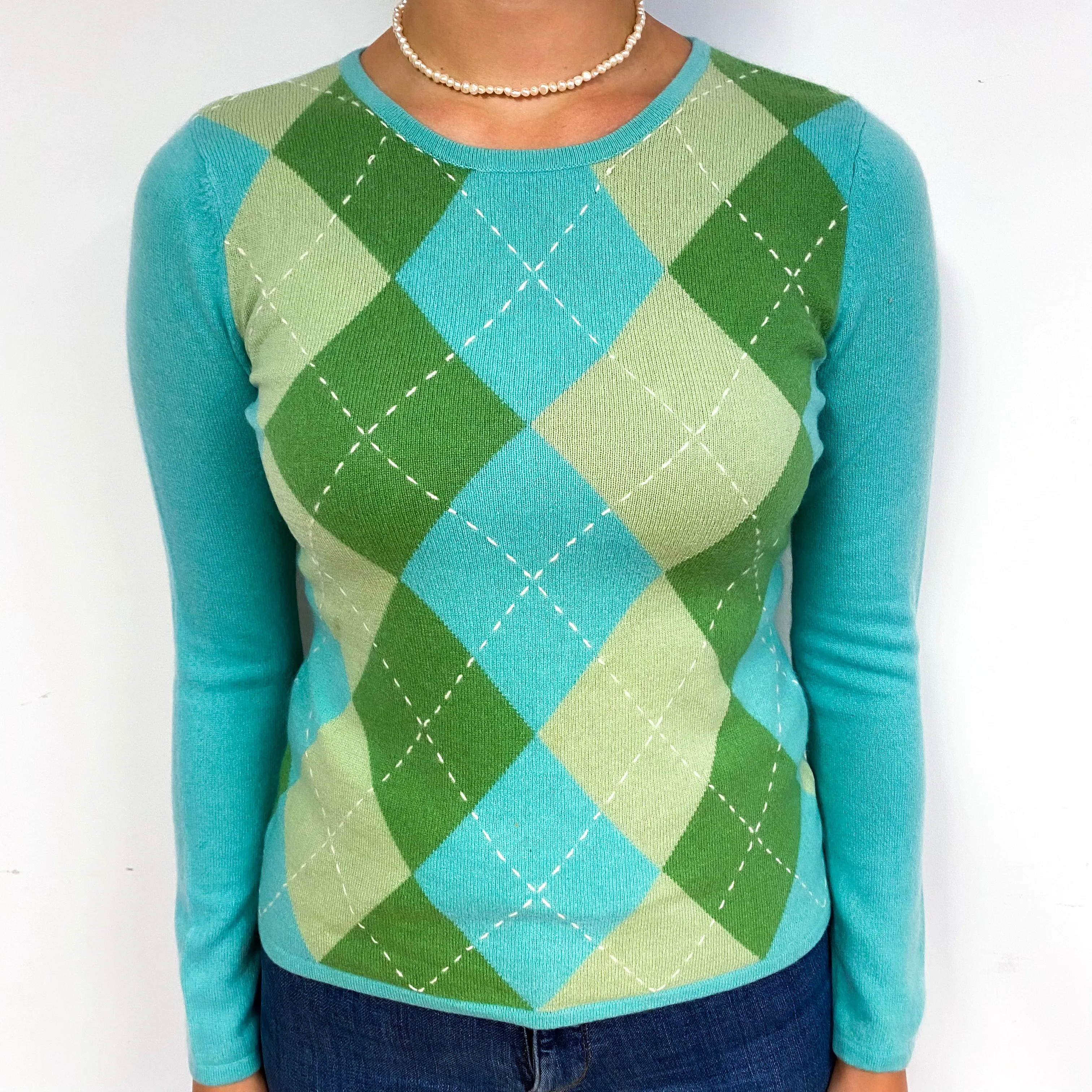 Aqua and Green Argyle Cashmere Crew Neck Jumper Small