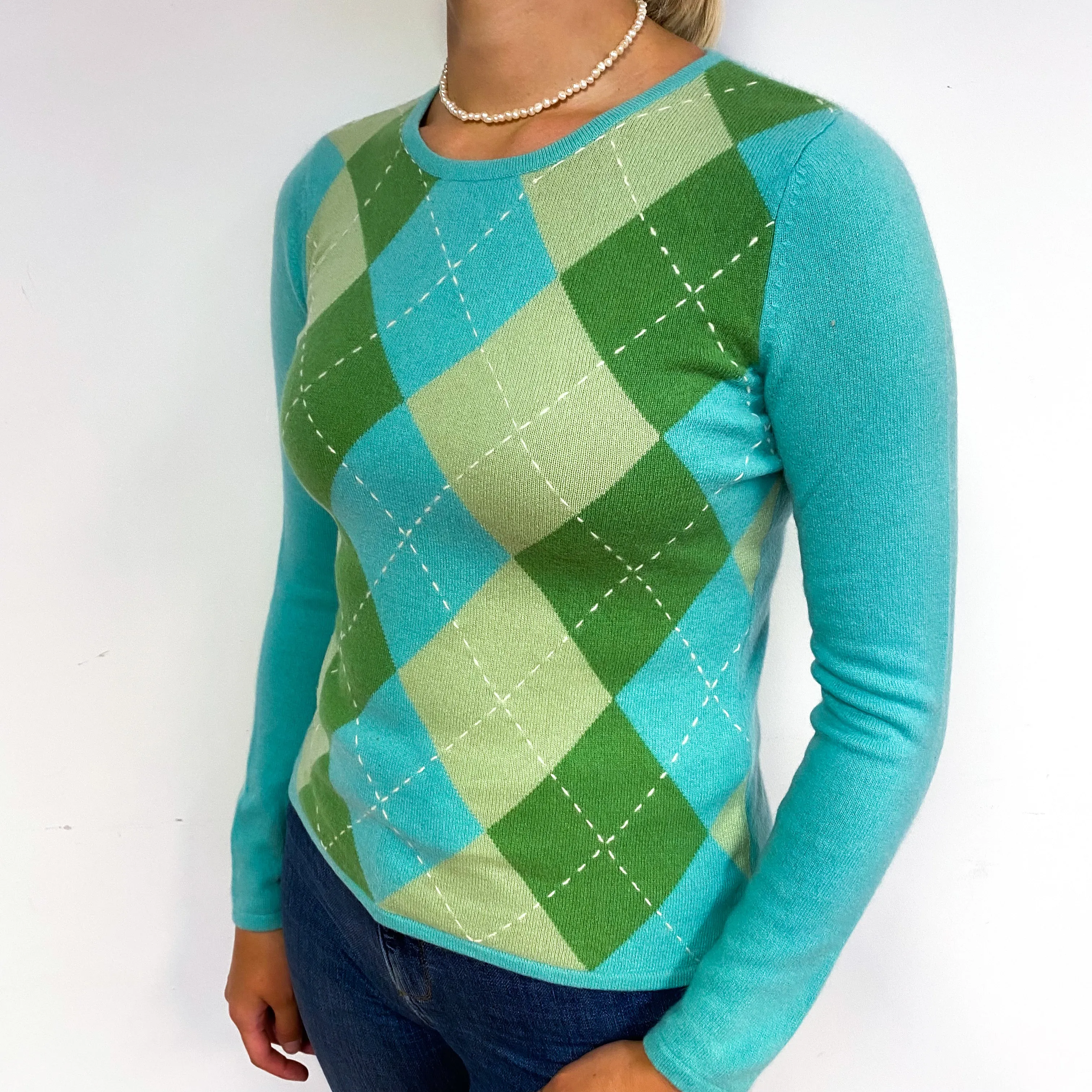 Aqua and Green Argyle Cashmere Crew Neck Jumper Small