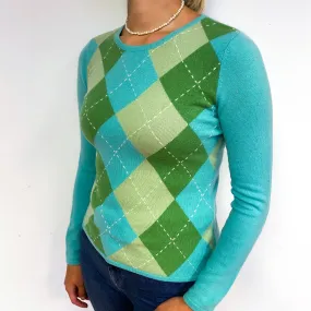 Aqua and Green Argyle Cashmere Crew Neck Jumper Small