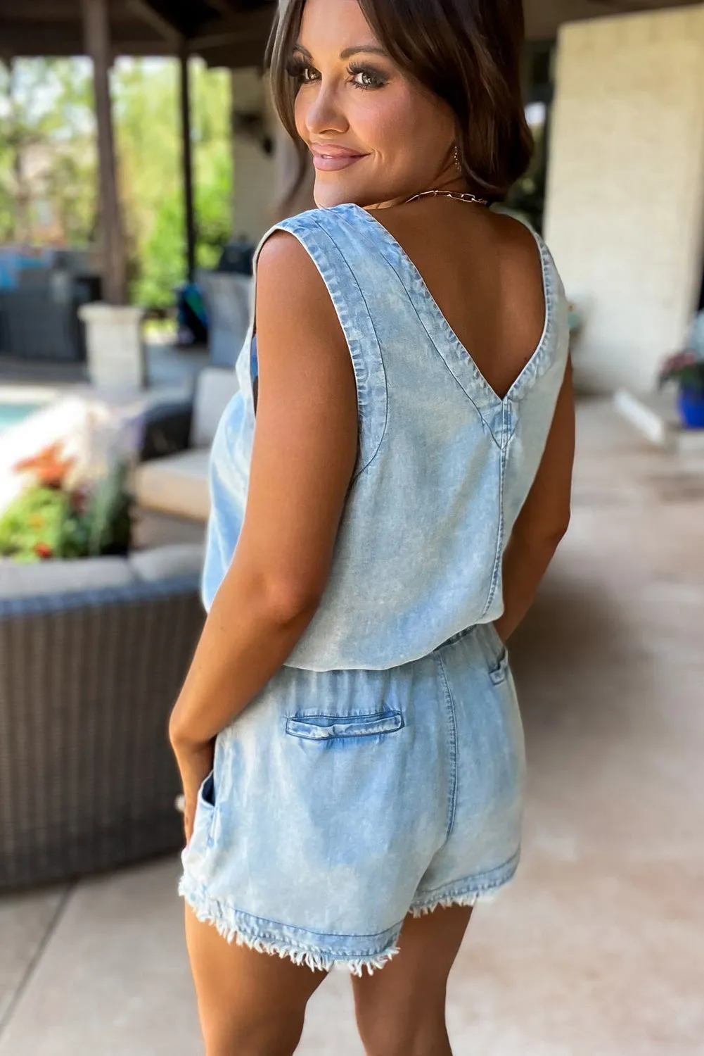 Beau Blue Stud V Neck Sleeveless Raw Hem Denim Romper