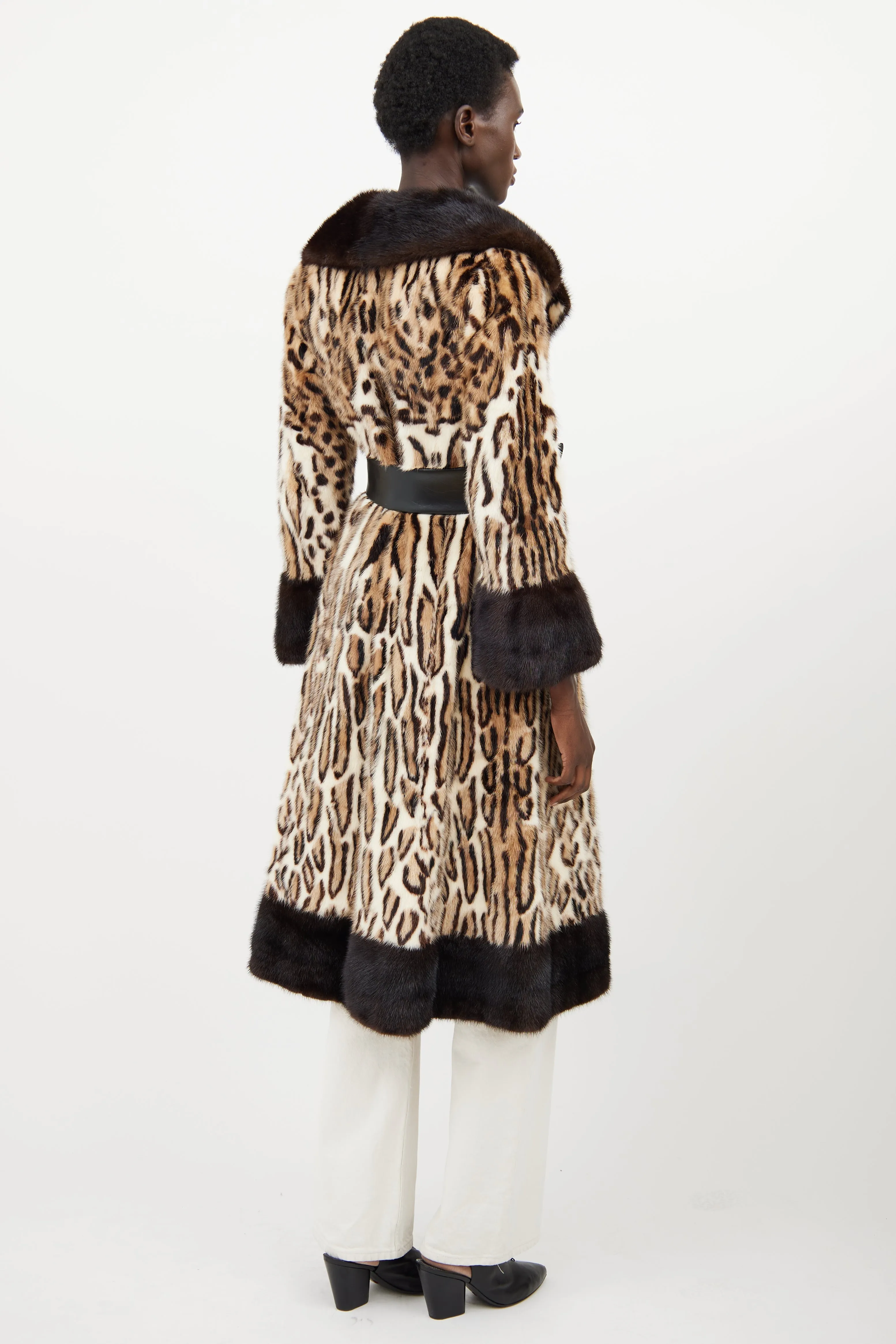 Beige Fur Patterned Belted Coat