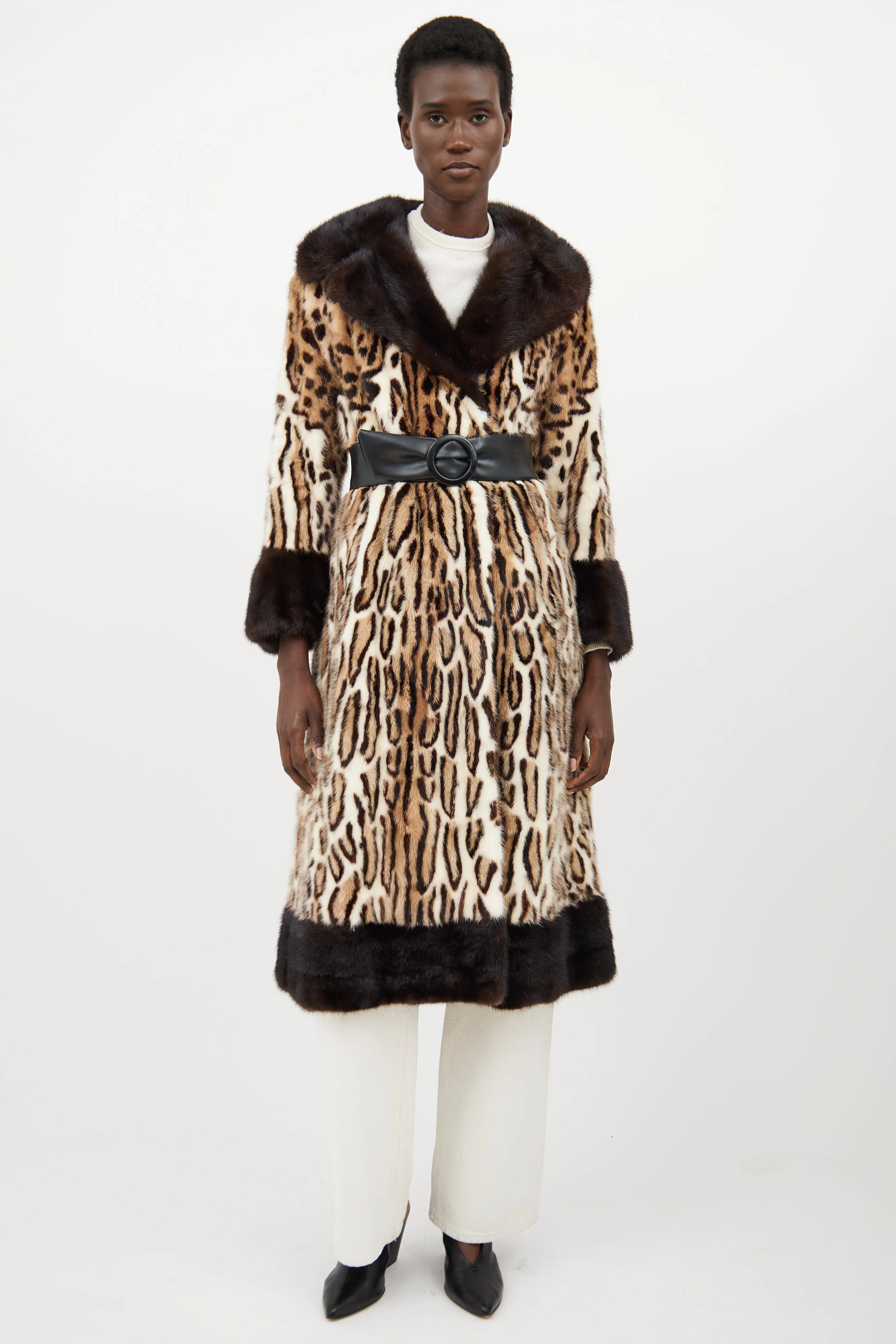 Beige Fur Patterned Belted Coat