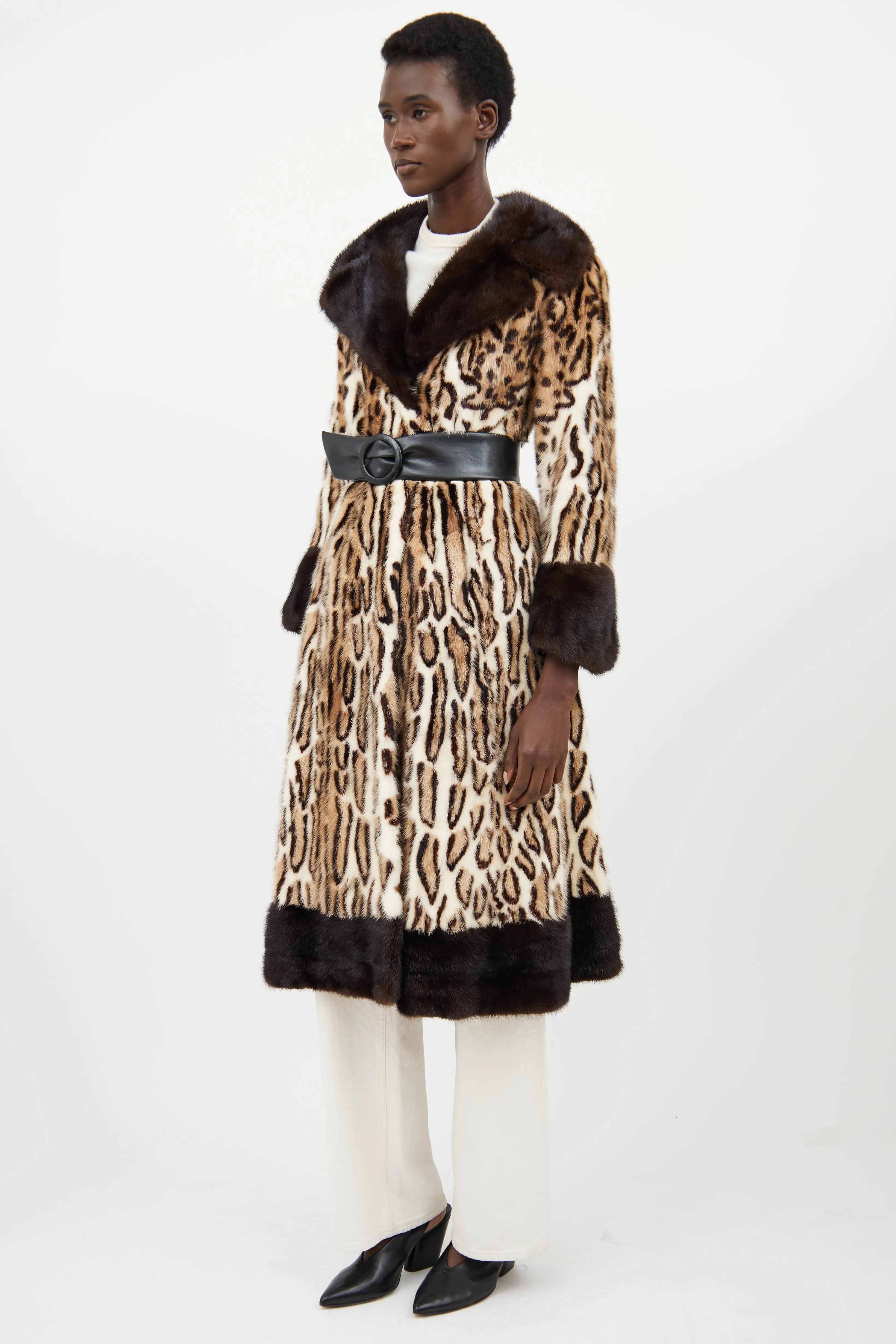 Beige Fur Patterned Belted Coat