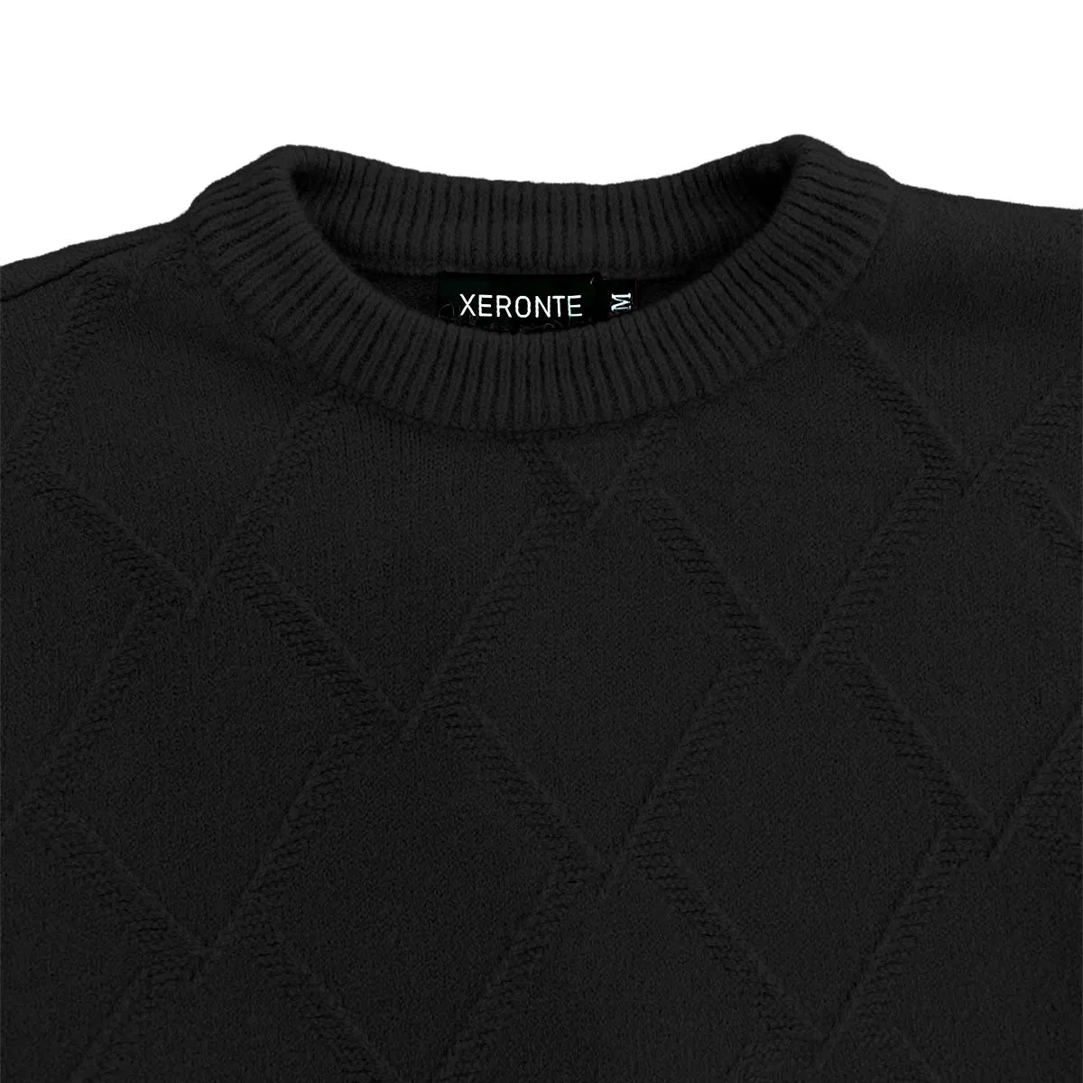 Black Mens Knit Diamond Pattern Crew Neck Sweater