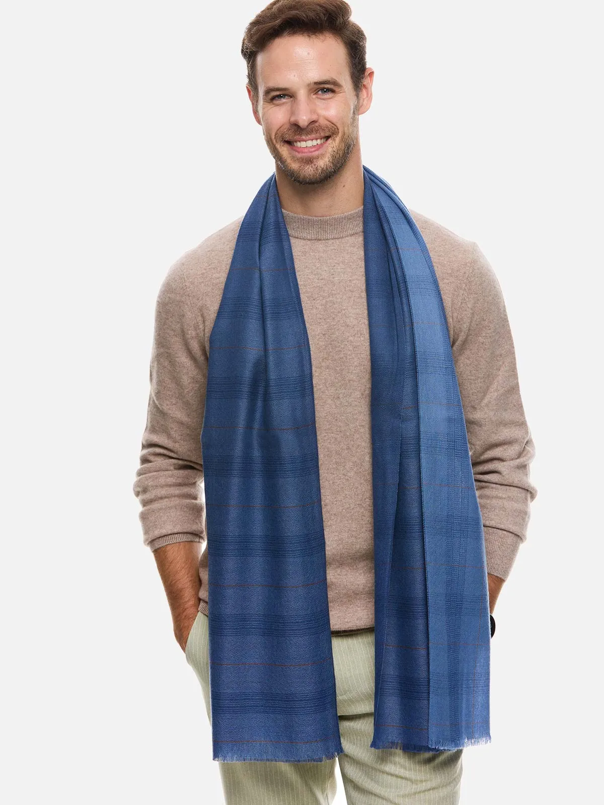 Blue Check Mens Cashmere Scarf