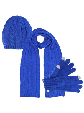 Cable Knit 3 Piece Beanie Hat Texting Gloves & Matching Scarf Set