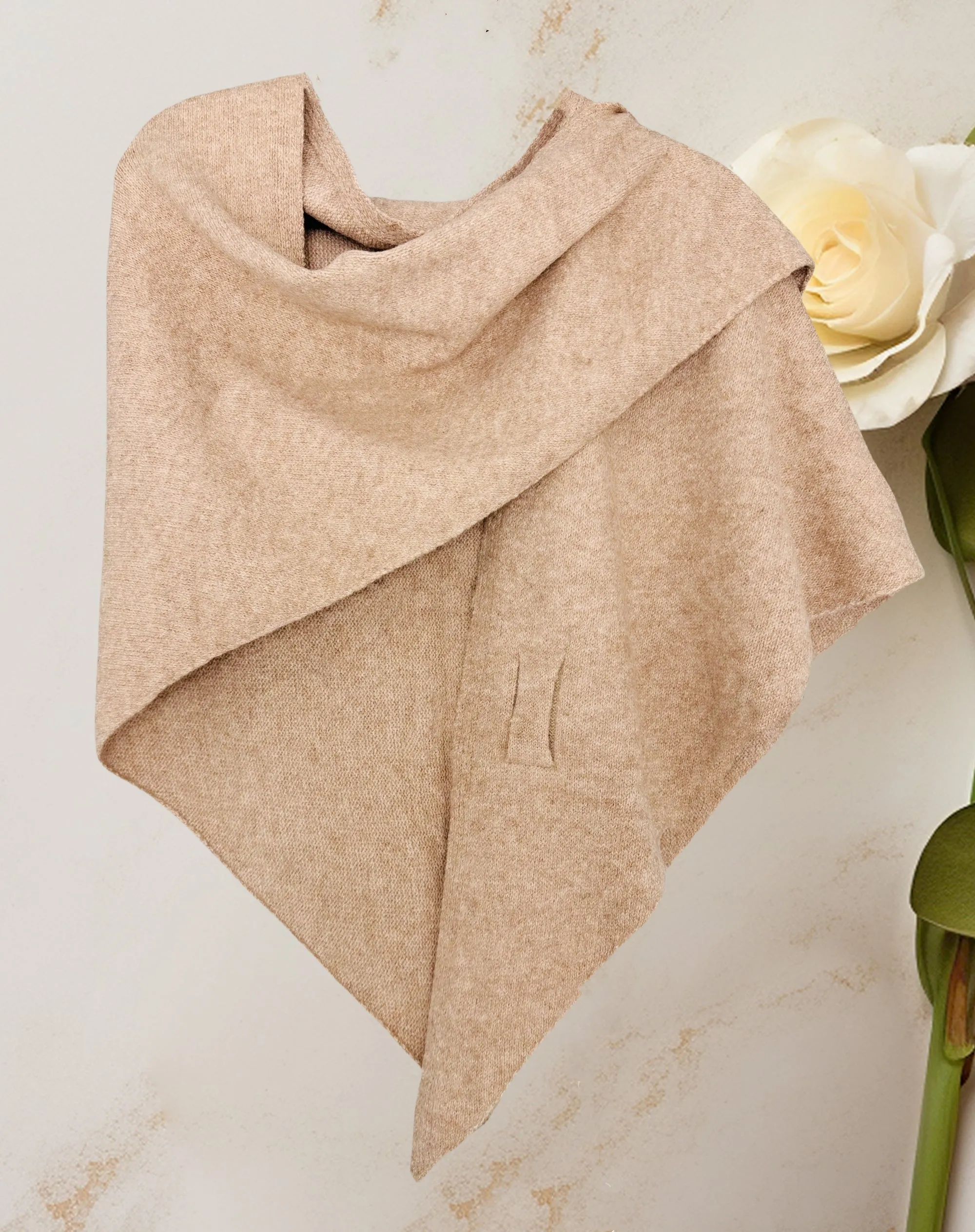 Cashmere-Blend Knit Triangle Shawl/Scarf with Cross-Front Design