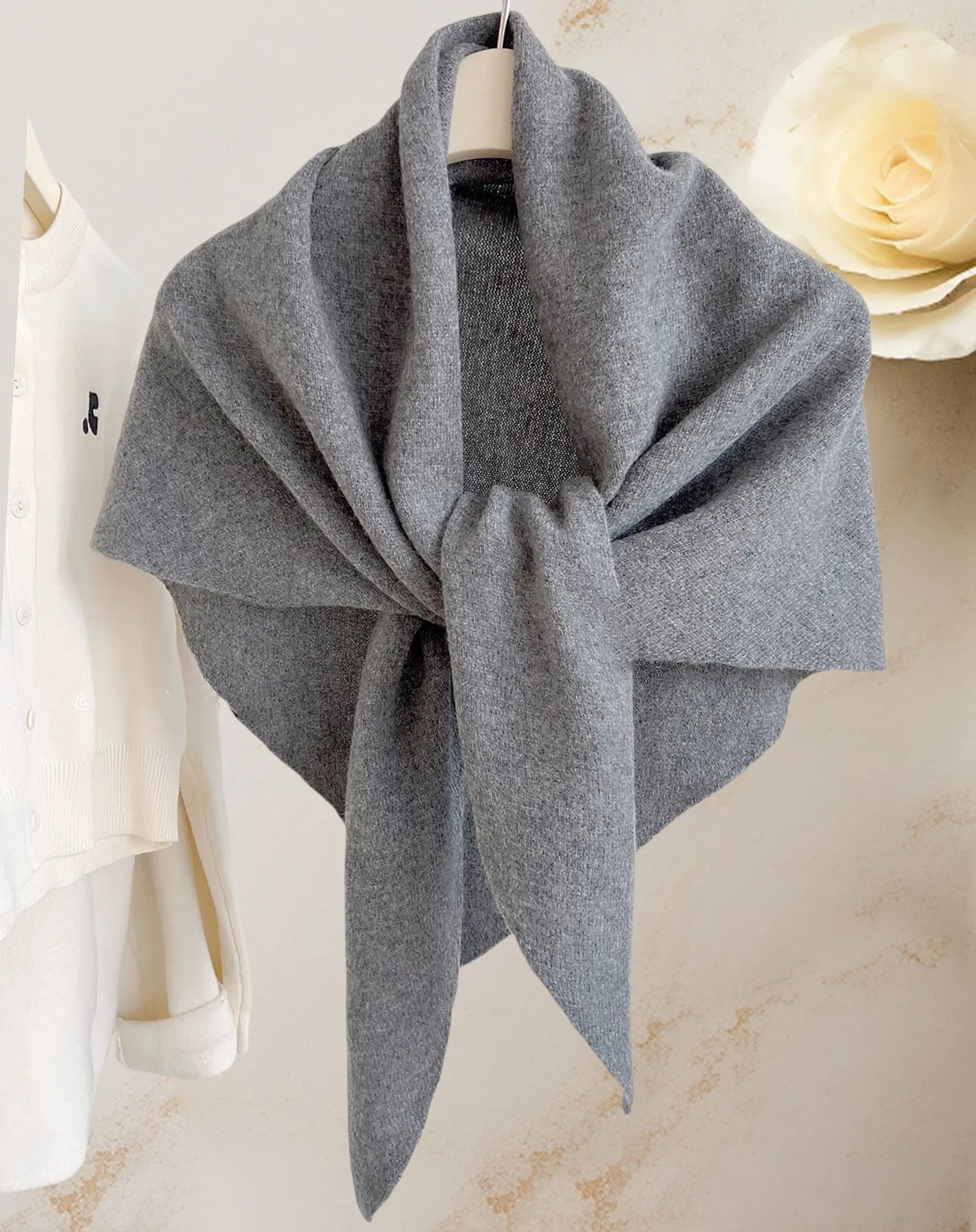 Cashmere-Blend Knit Triangle Shawl/Scarf with Cross-Front Design