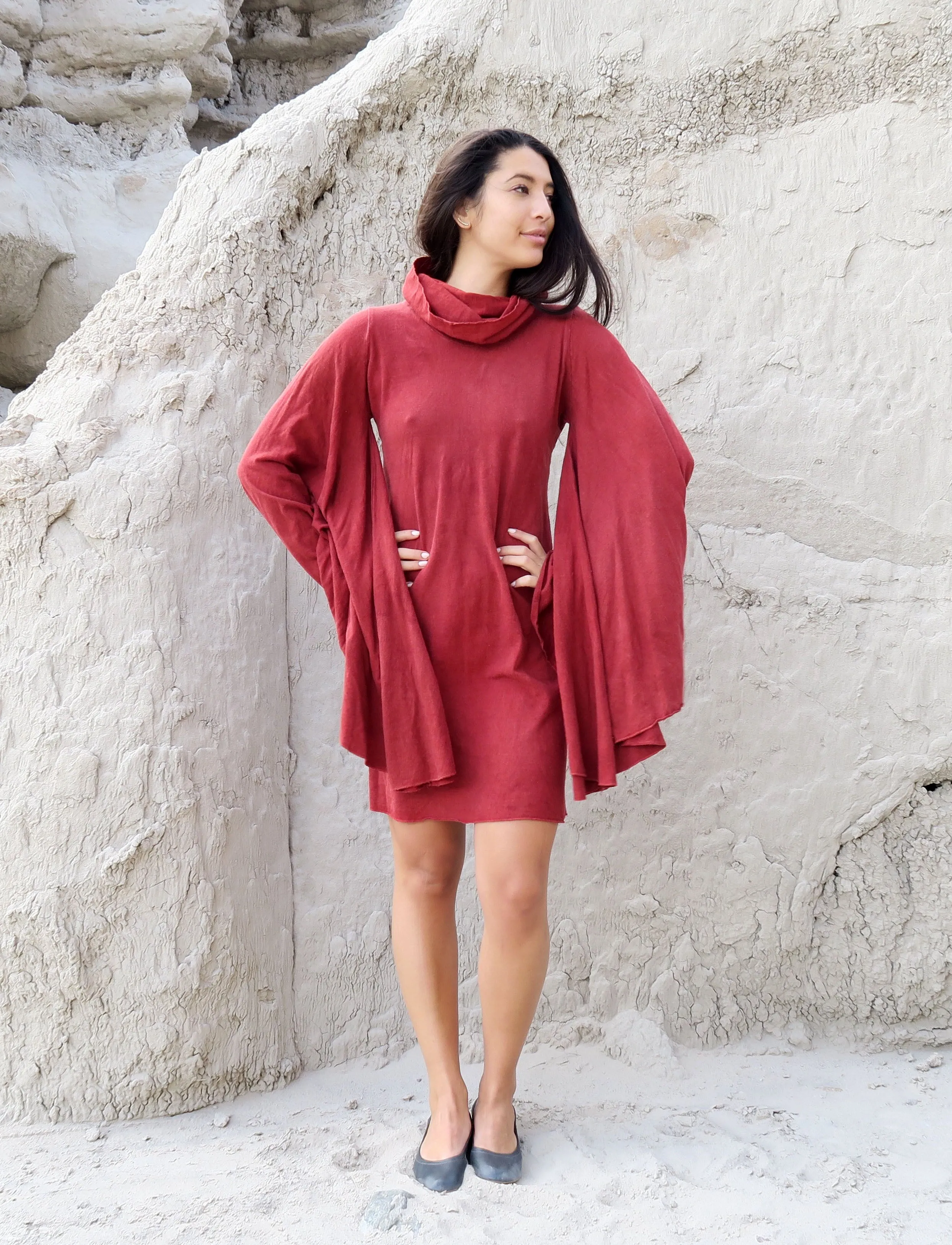 Chunky Cowl Priestess Sleeve Simplicity Short Dress