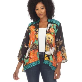 Citron Colorful Crane-Print Short Silk Jacket - 0804COB