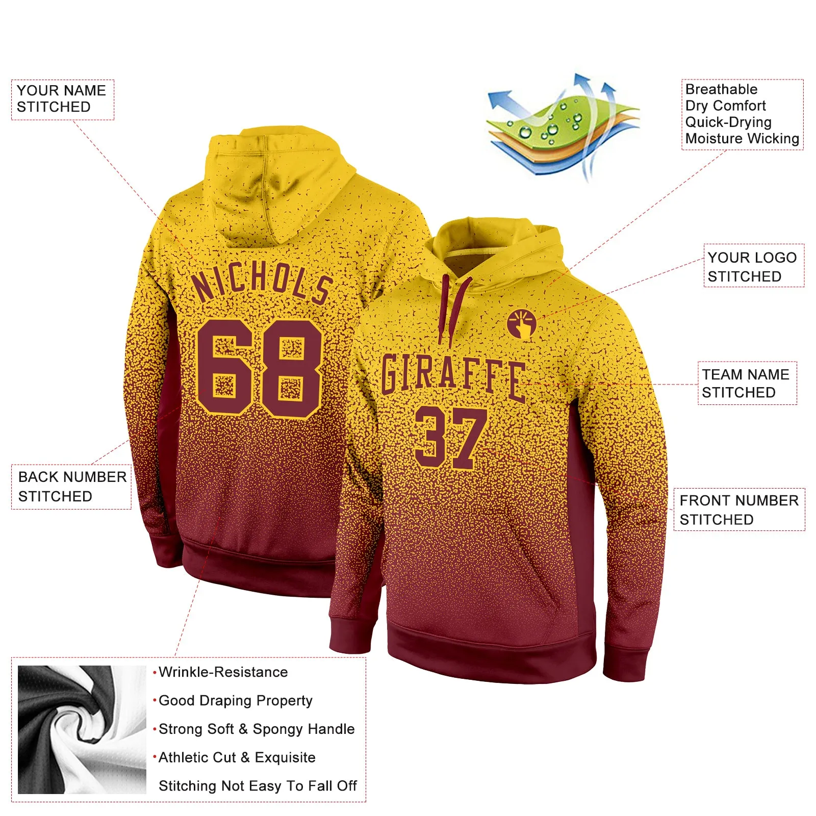 Custom Stitched Gold Burgundy Fade Fashion Sports Pullover Sweatshirt Hoodie