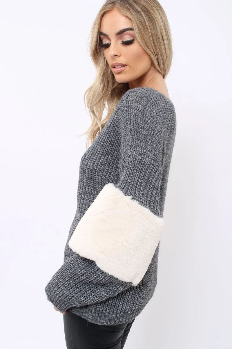 Dark Grey Chunky Knit Fur Sleeve Jumper - Kimberly