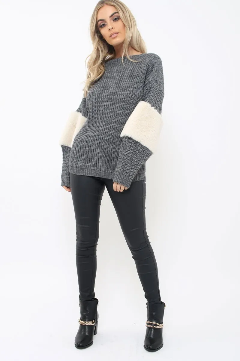 Dark Grey Chunky Knit Fur Sleeve Jumper - Kimberly