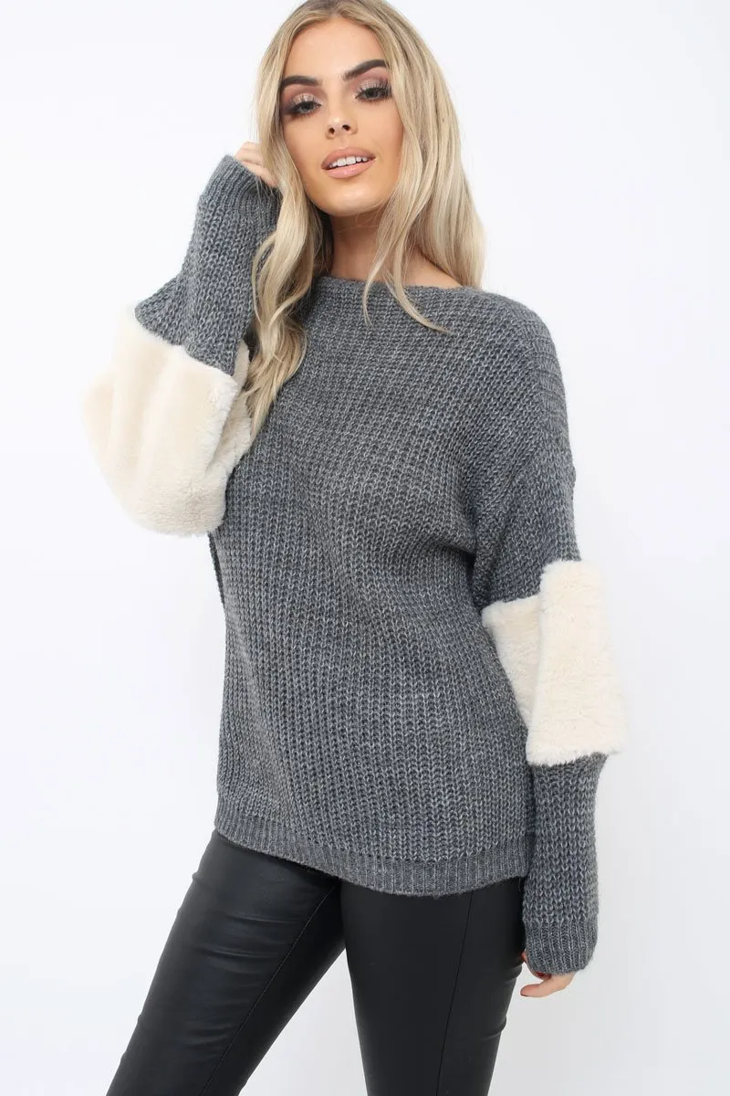 Dark Grey Chunky Knit Fur Sleeve Jumper - Kimberly