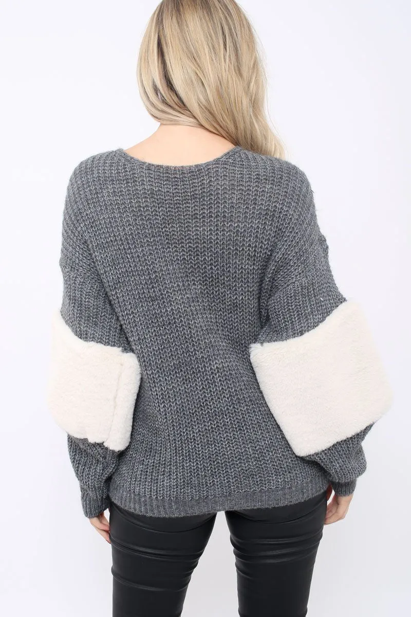 Dark Grey Chunky Knit Fur Sleeve Jumper - Kimberly