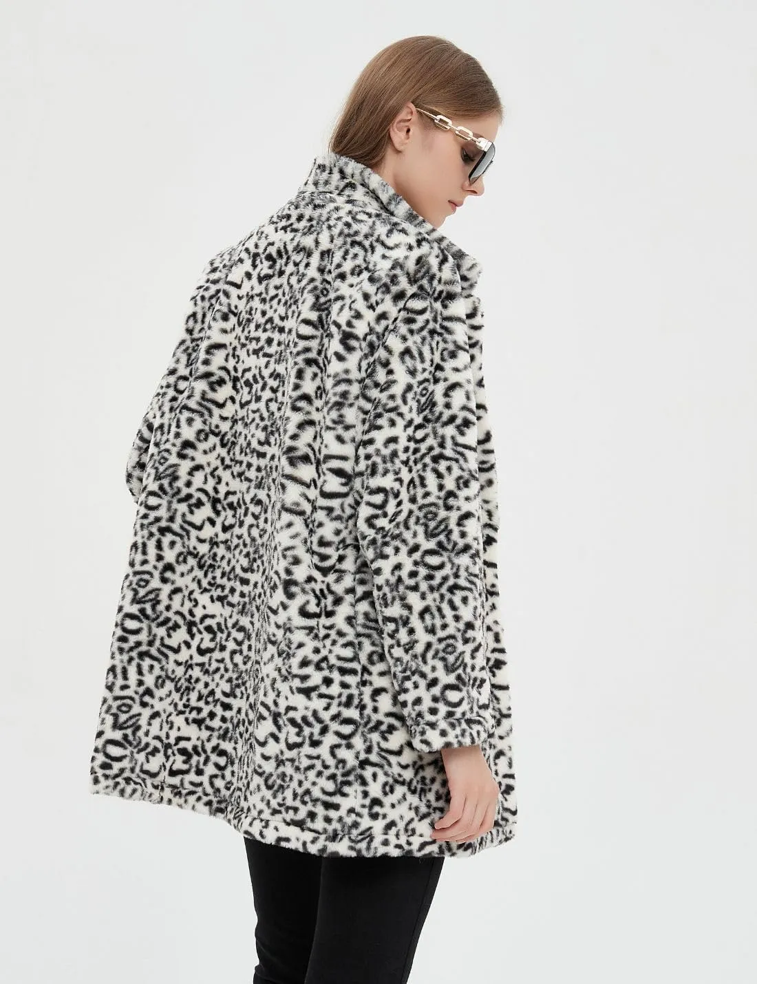 Faux Fur White Leopard Animal Print Long Sleeve Winter Coat