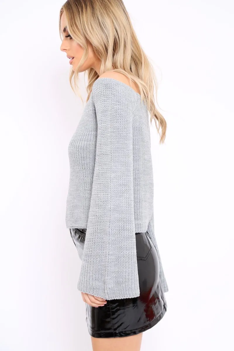 Grey Knitted Bardot Jumper - Jaden