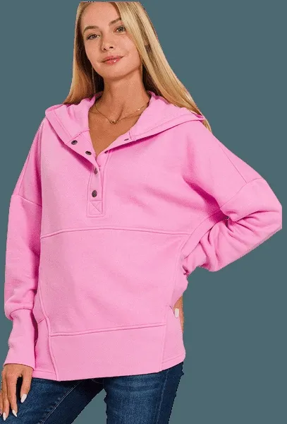 Half Snap Loose Fit Hooded Pullover