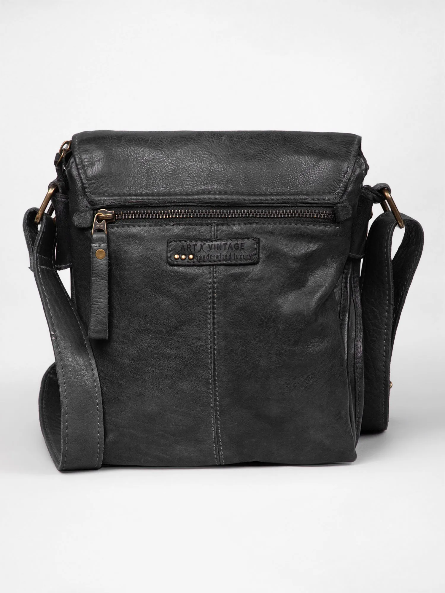 Henry: Black Flap Bag Cross Body In Veg Tan Leather