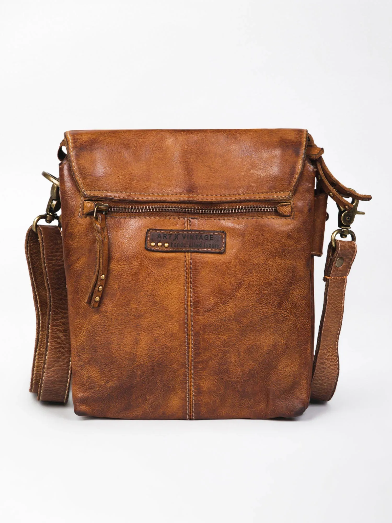 Henry: Black Flap Bag Cross Body In Veg Tan Leather