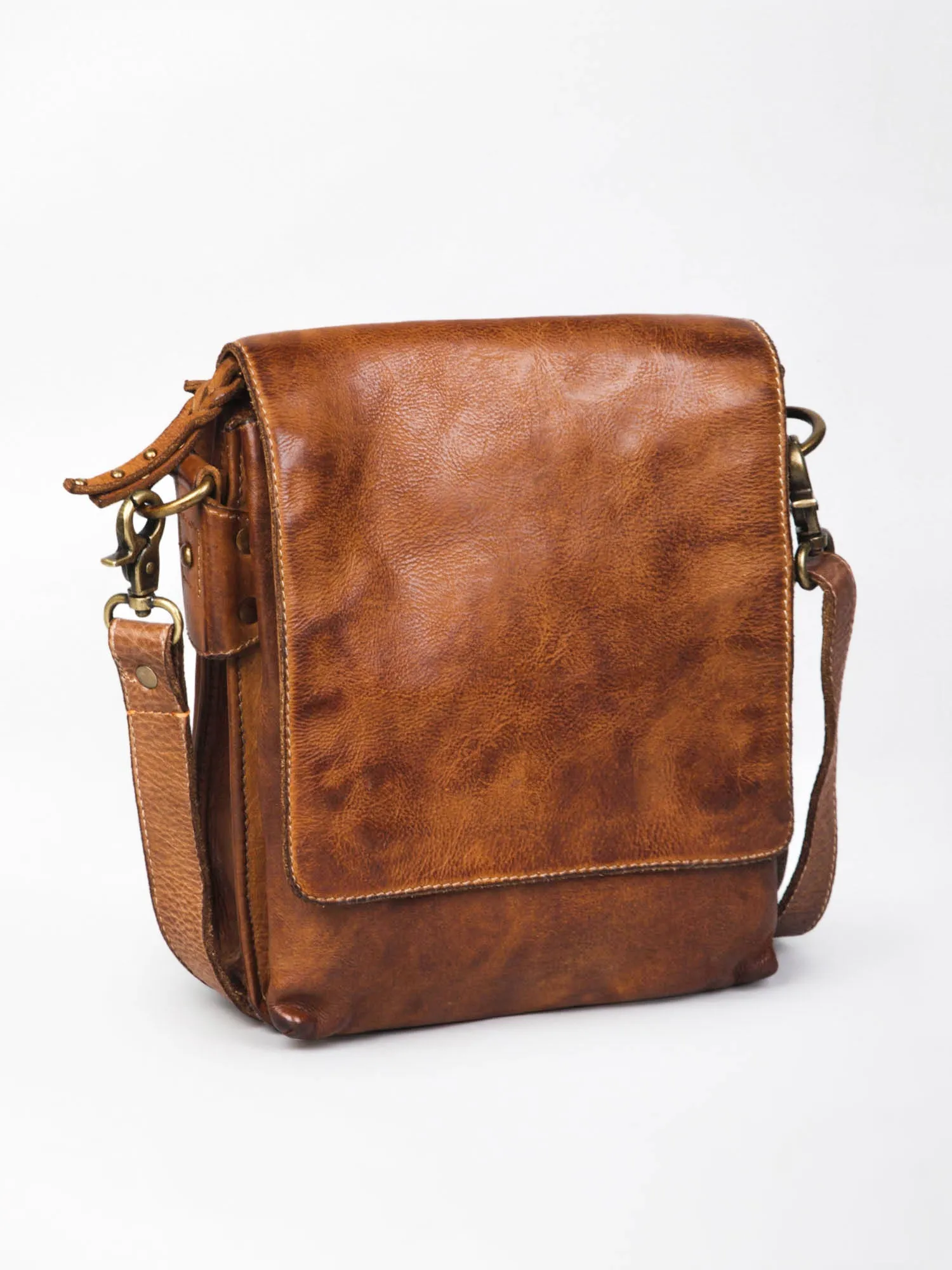 Henry: Black Flap Bag Cross Body In Veg Tan Leather