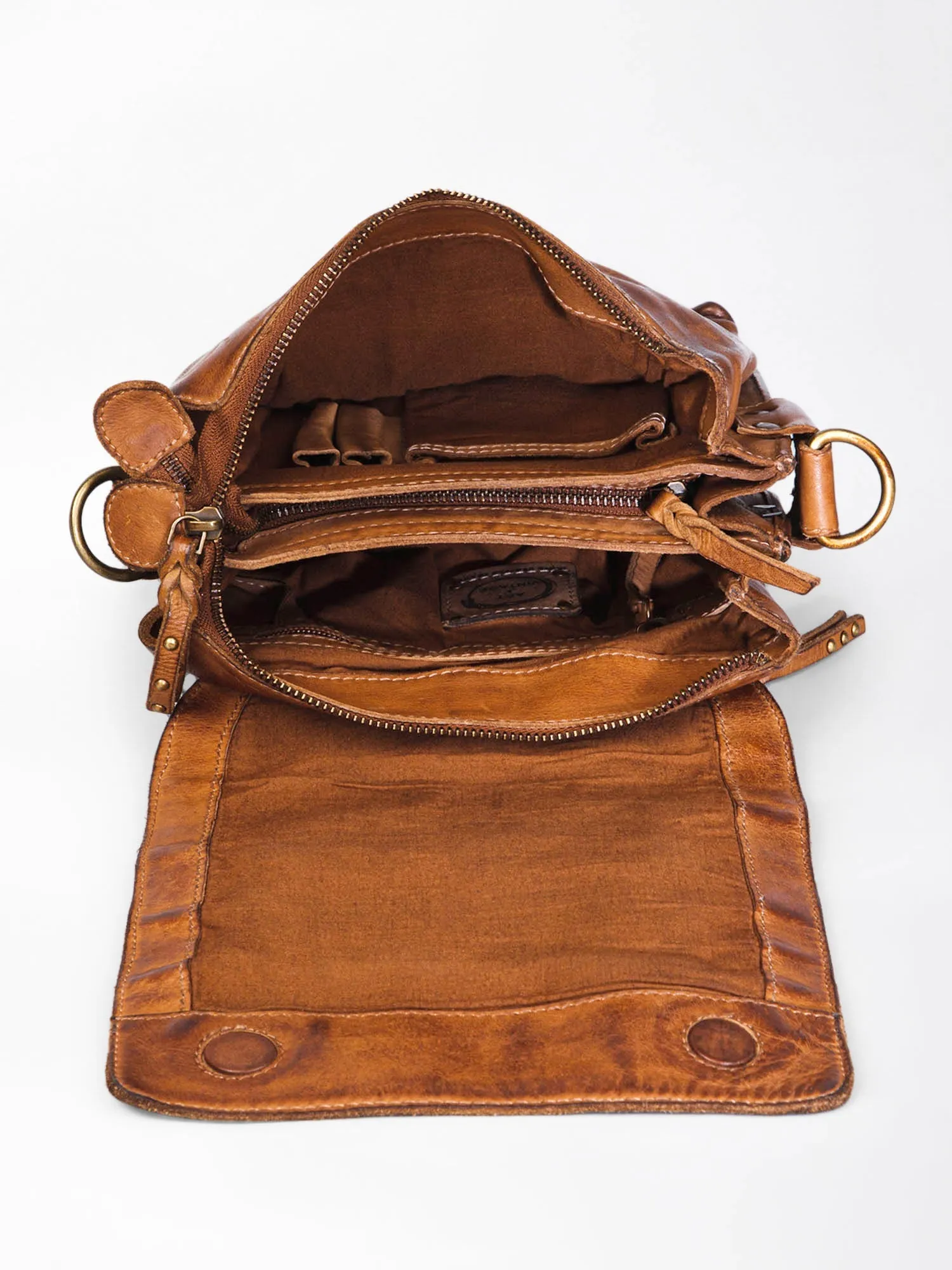 Henry: Cognac Flap Bag Cross Body In Veg Tan Leather