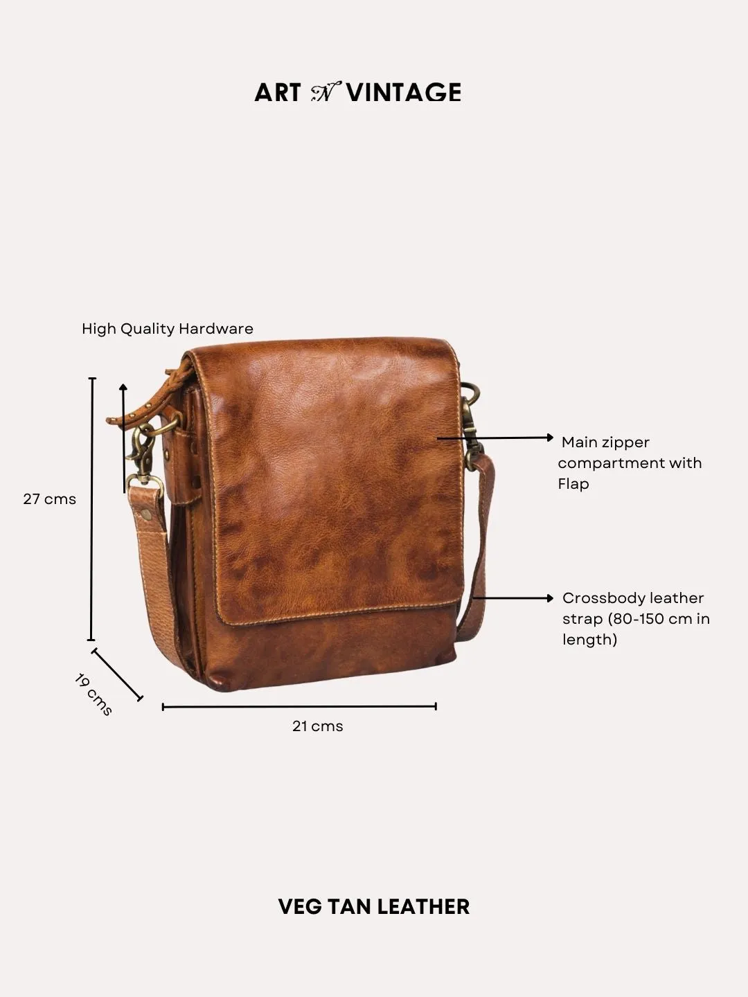 Henry: Cognac Flap Bag Cross Body In Veg Tan Leather