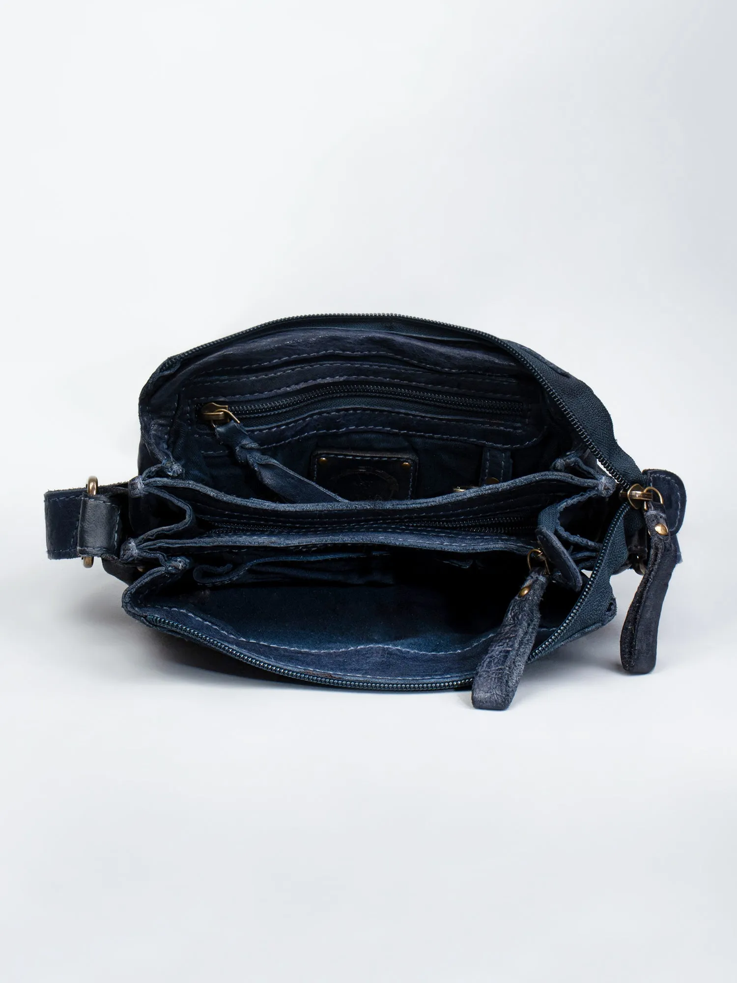 Henry: Navy Flap Bag Cross Body In Veg Tan Leather