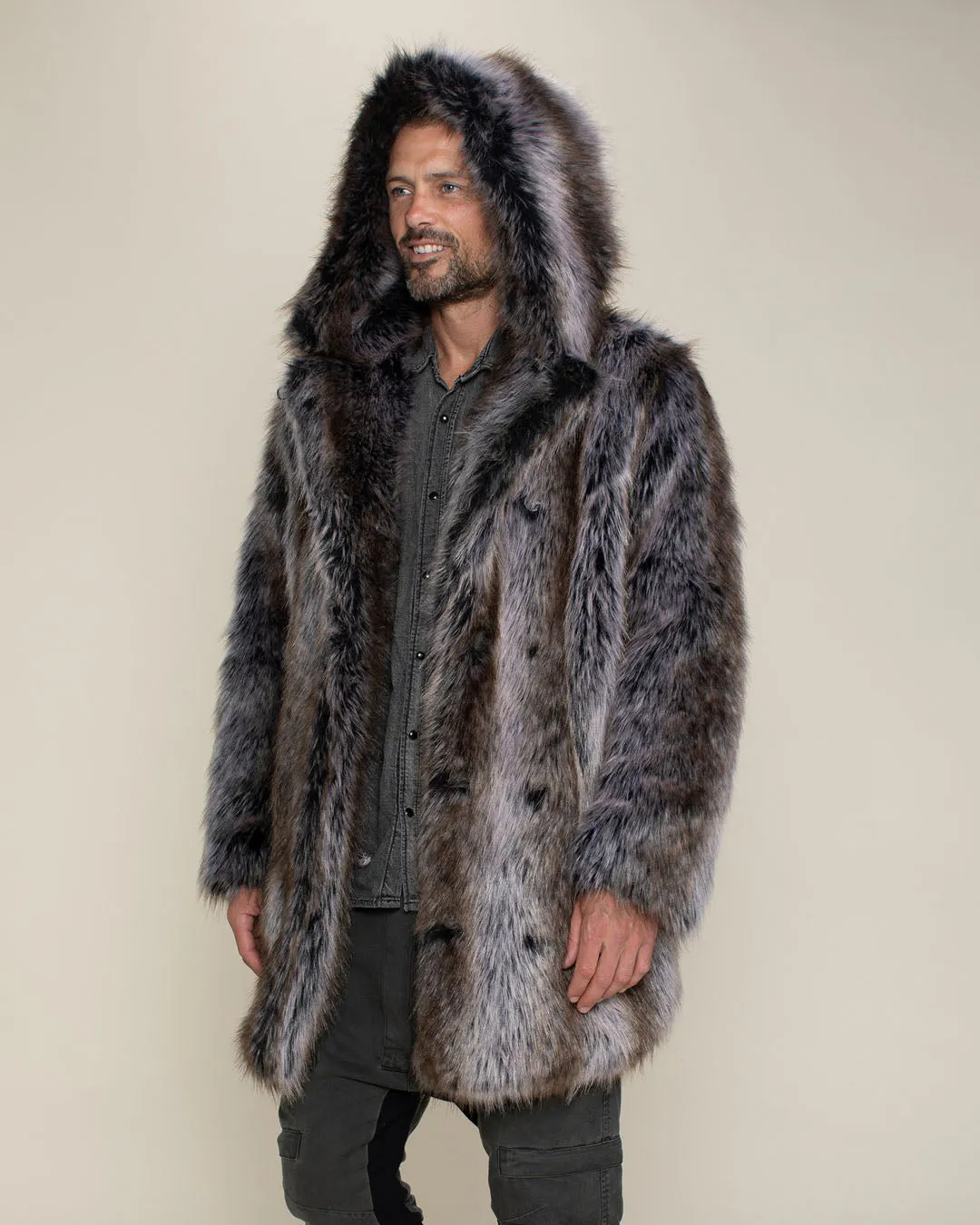 Hooded Men's Faux Fur Coat | Grey Wolf