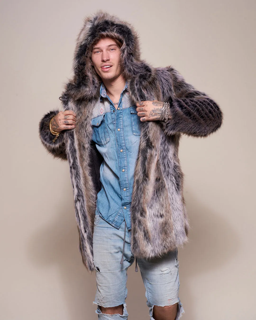 Hooded Men's Faux Fur Coat | Grey Wolf