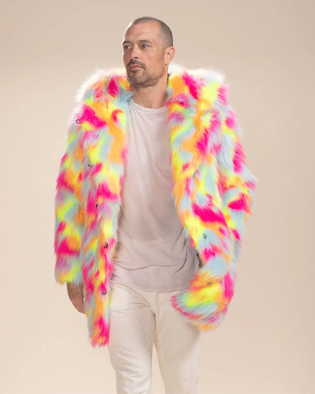 Hooded Men's Faux Fur Coat | Neon Calico Cat