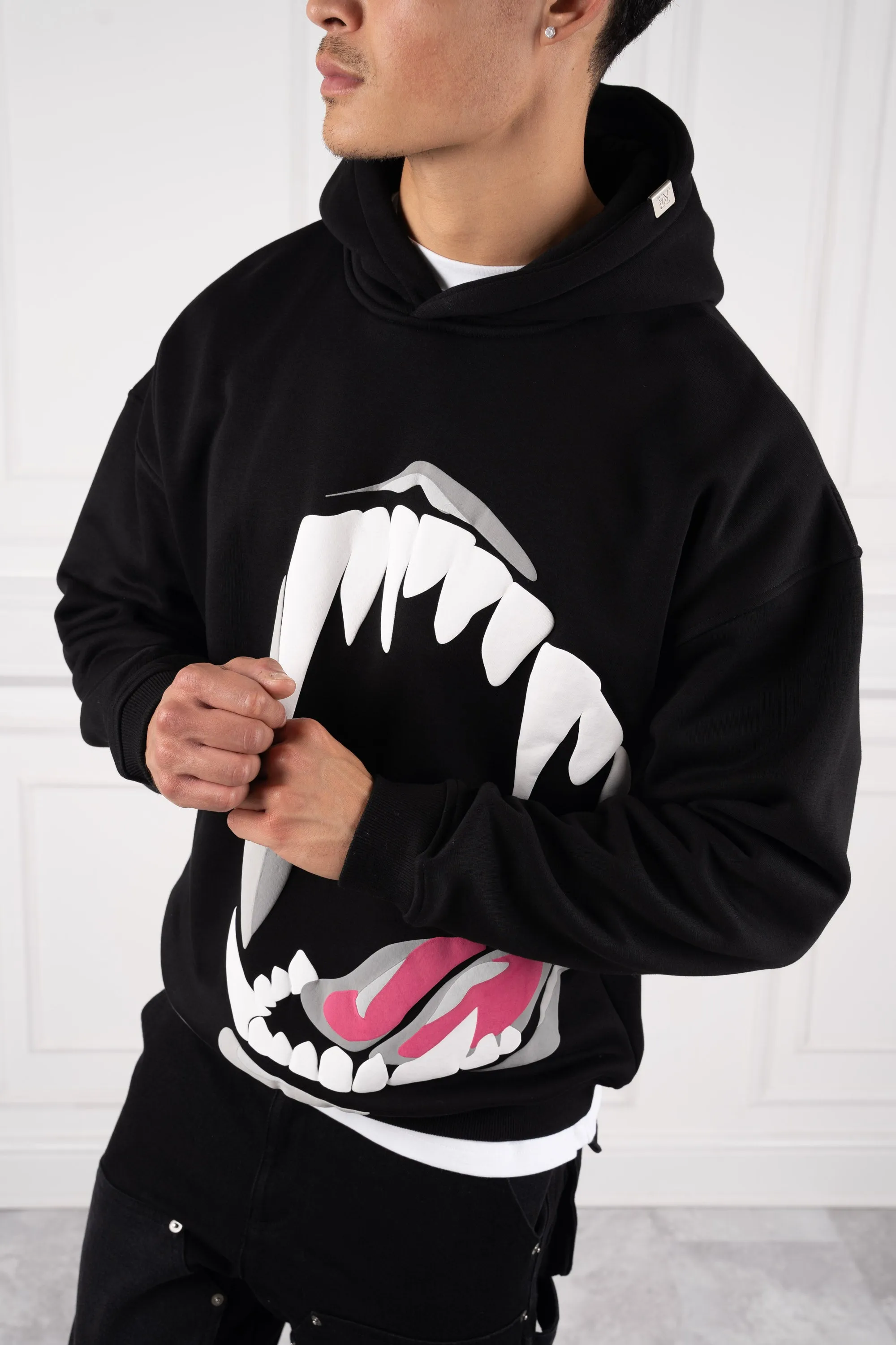 Jaws Oversized Puff Print Hoodie - Black