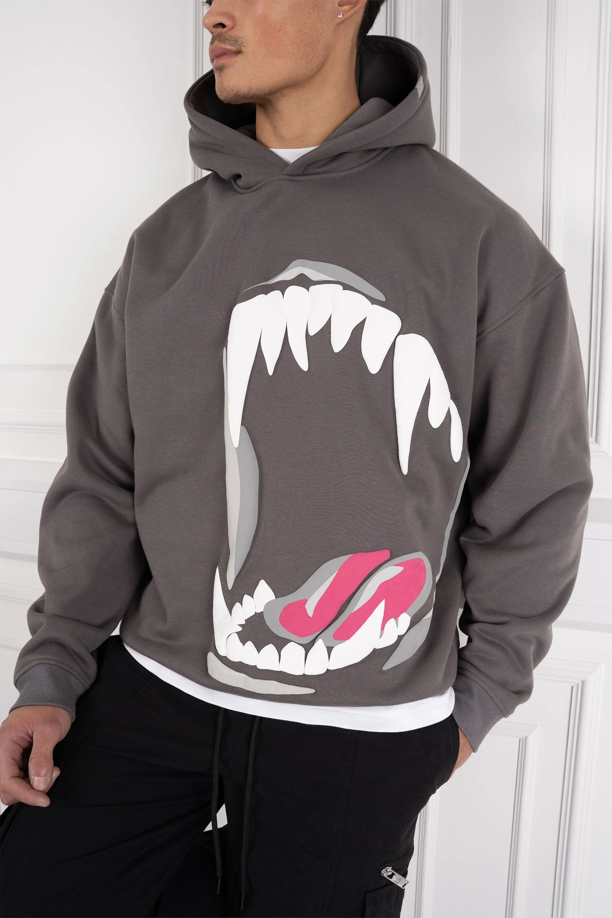 Jaws Oversized Puff Print Hoodie - Charcoal