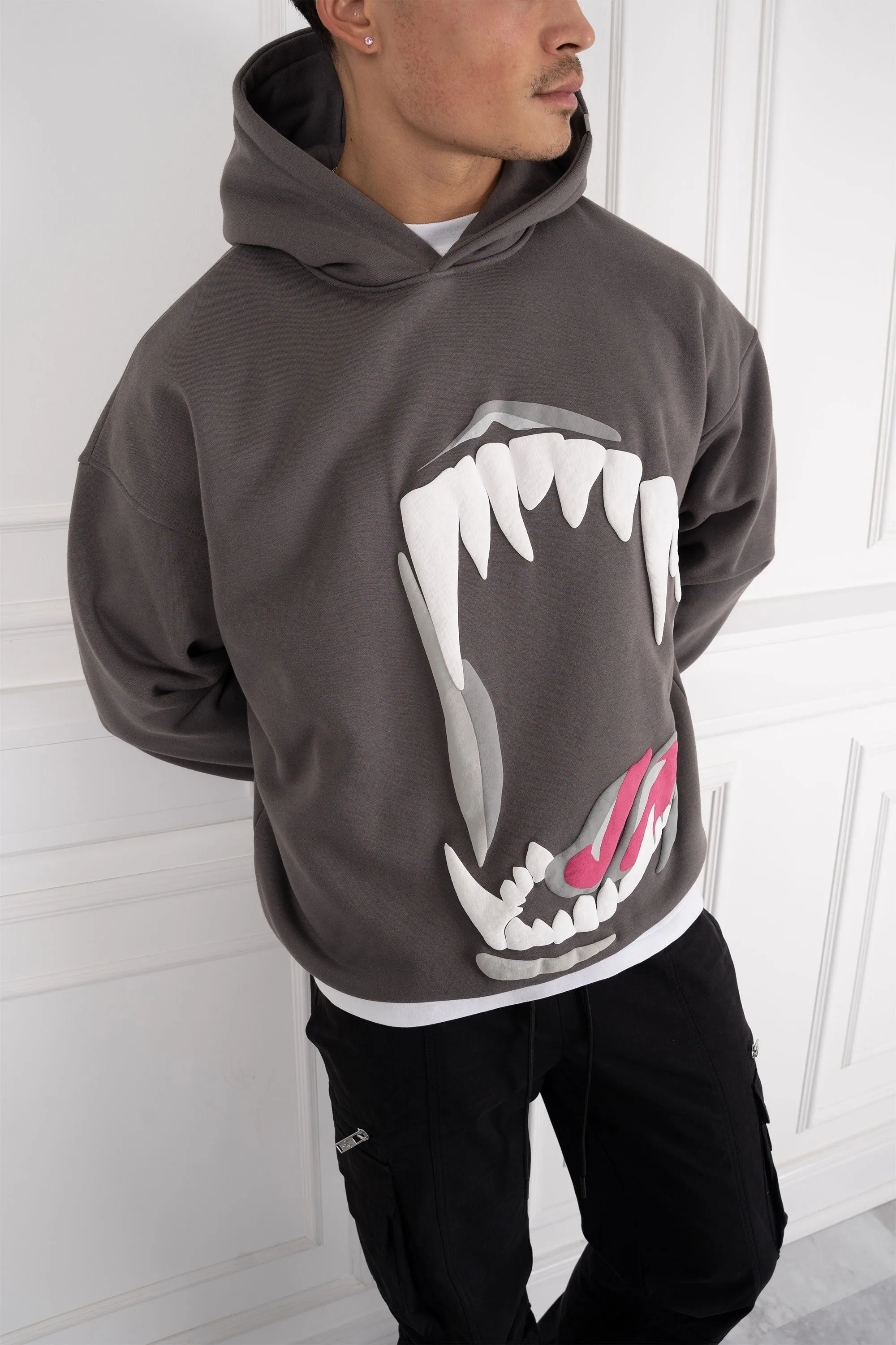 Jaws Oversized Puff Print Hoodie - Charcoal