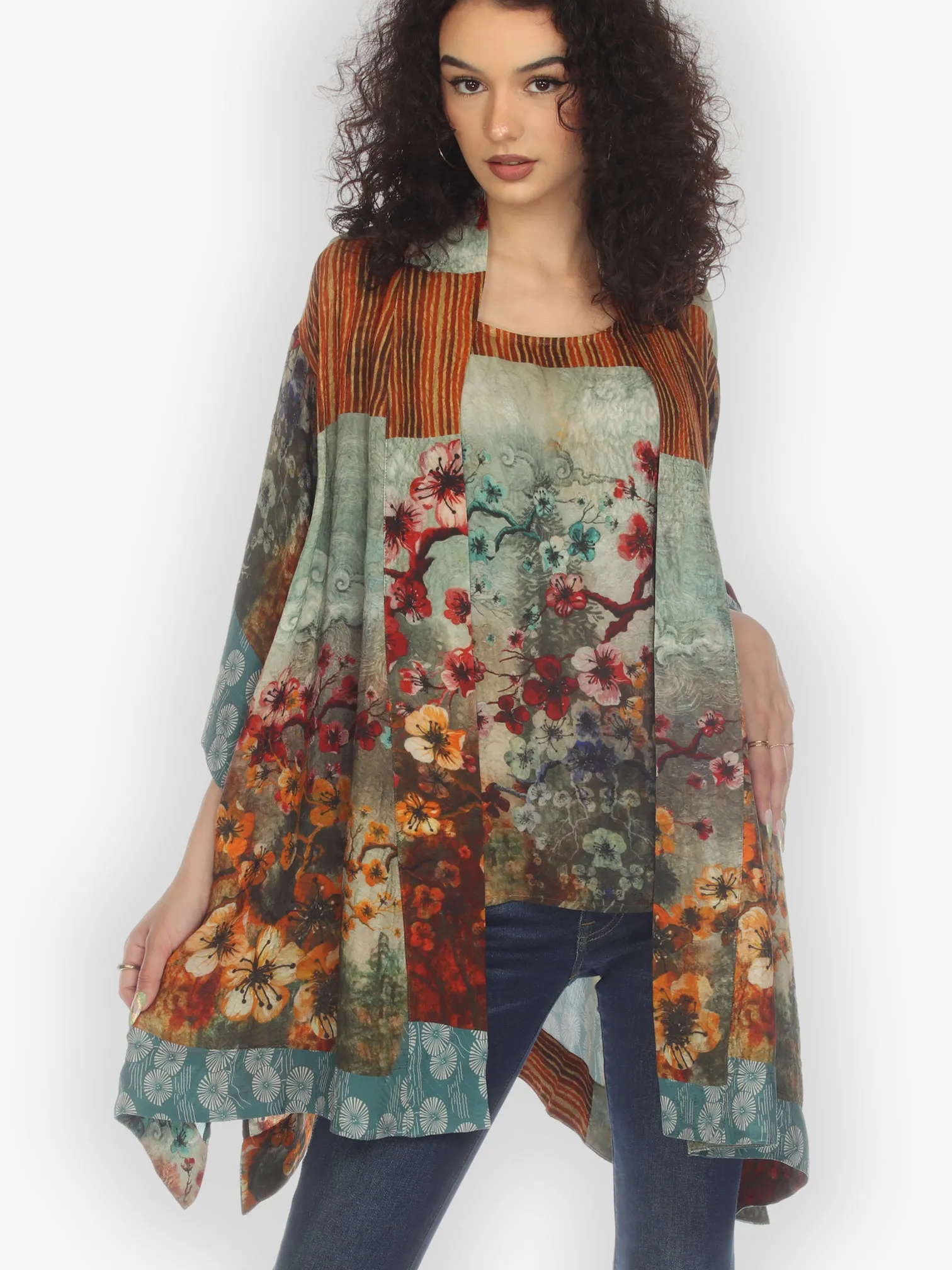 Joy Bloom Border Silk Kimono Top