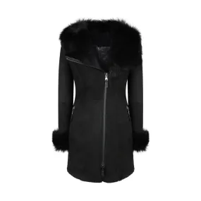 Ladies 3/4 Genuine Sheepskin Coat Black Soft Suede Outer Fitted Merino