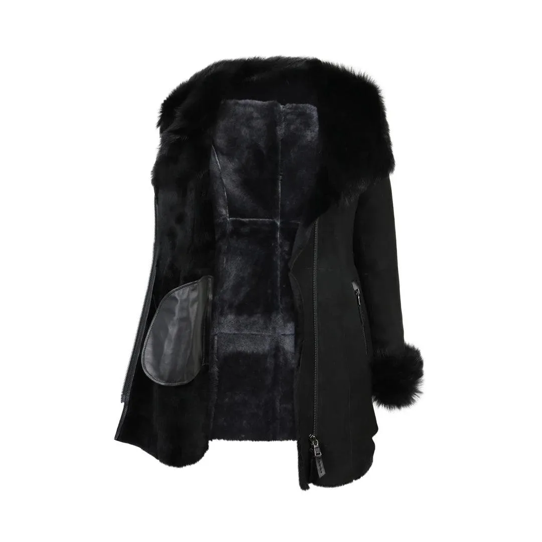 Ladies 3/4 Genuine Sheepskin Coat Black Soft Suede Outer Fitted Merino