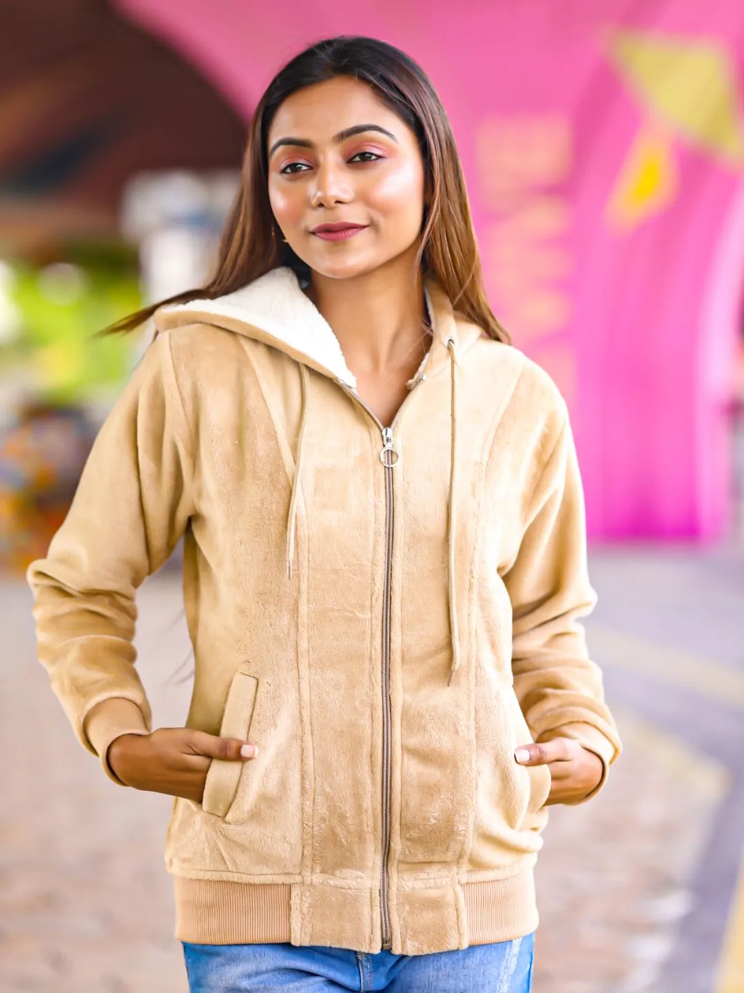 Lightweight Zippered Velvet Jacket With A Hoodie