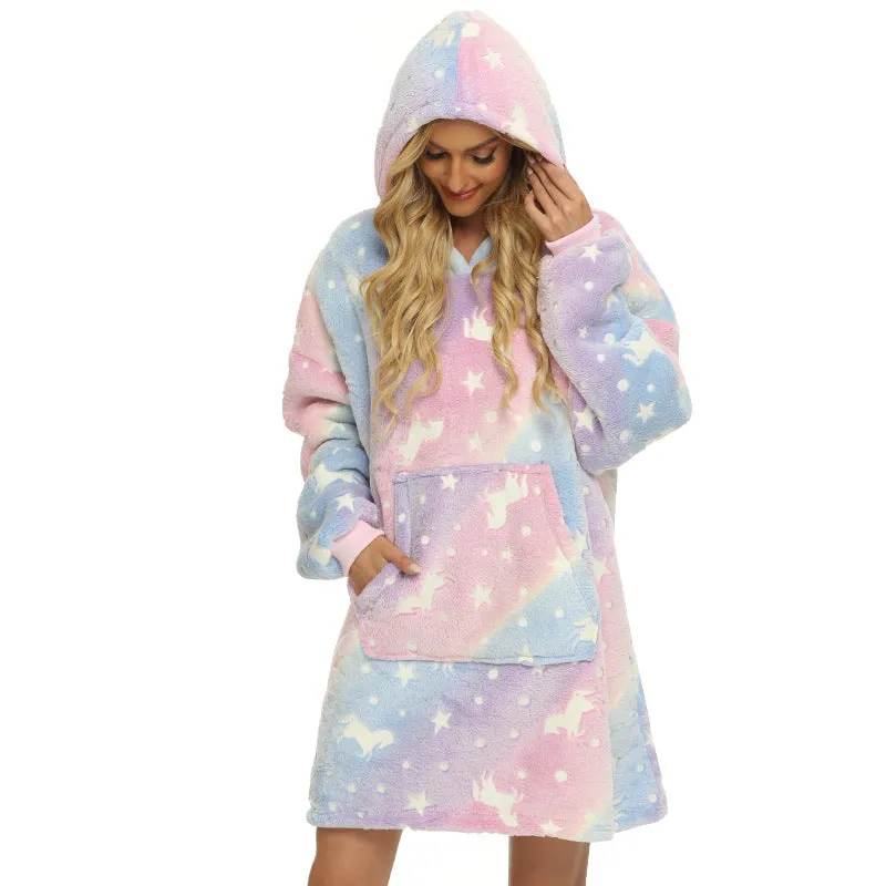 Luminous Oversize Winter Hooded Sweatshirt Women Warm Hoodie Blanket