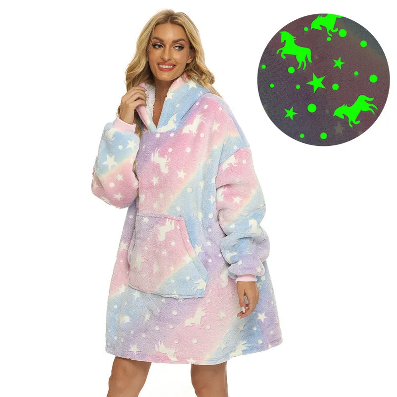 Luminous Oversize Winter Hooded Sweatshirt Women Warm Hoodie Blanket