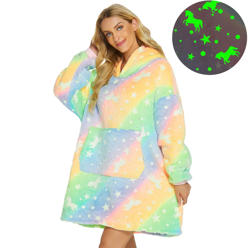 Luminous Oversize Winter Hooded Sweatshirt Women Warm Hoodie Blanket