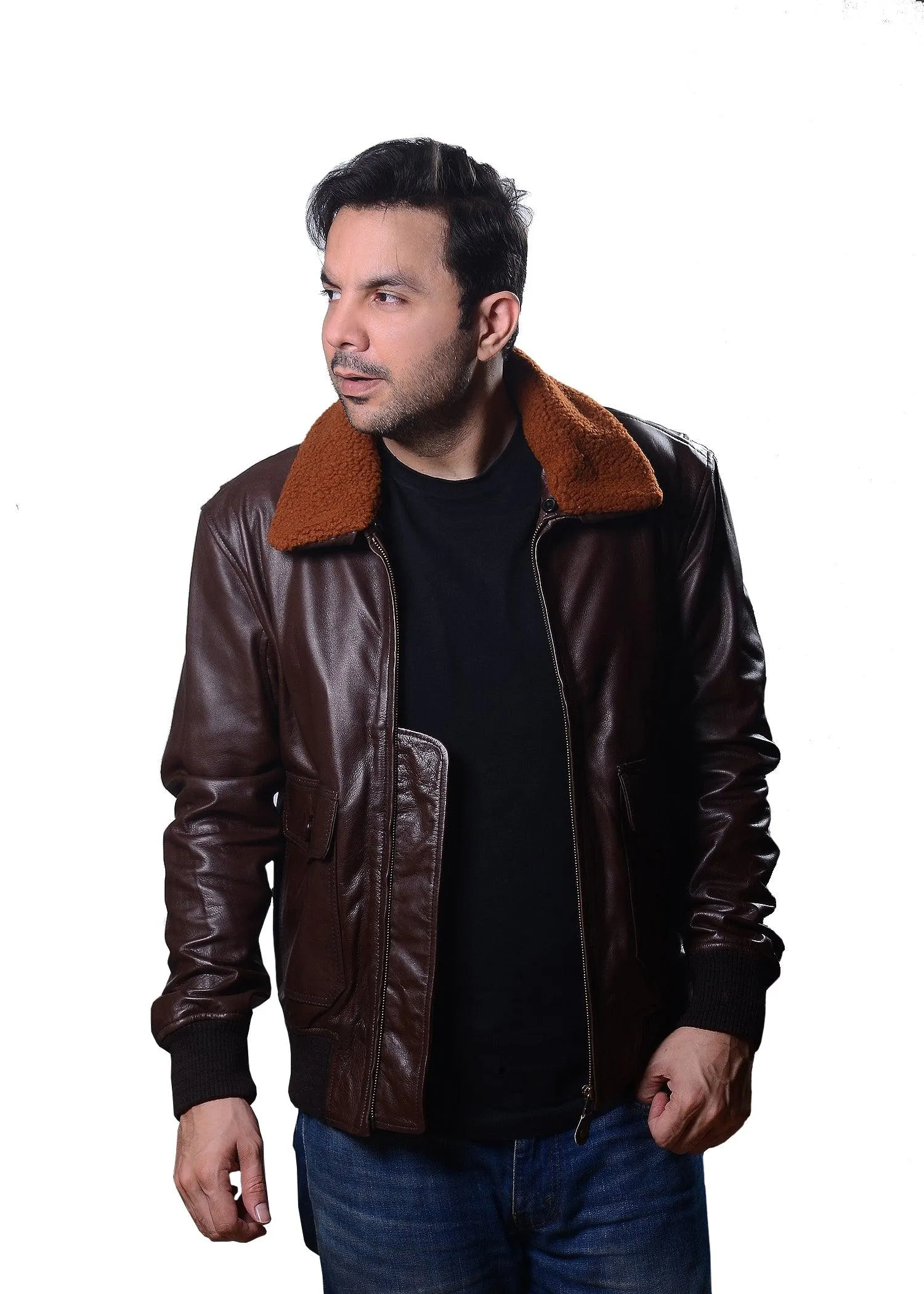 Men's G-1 Navy Leather Bomber Brown  Real Leather Jacket