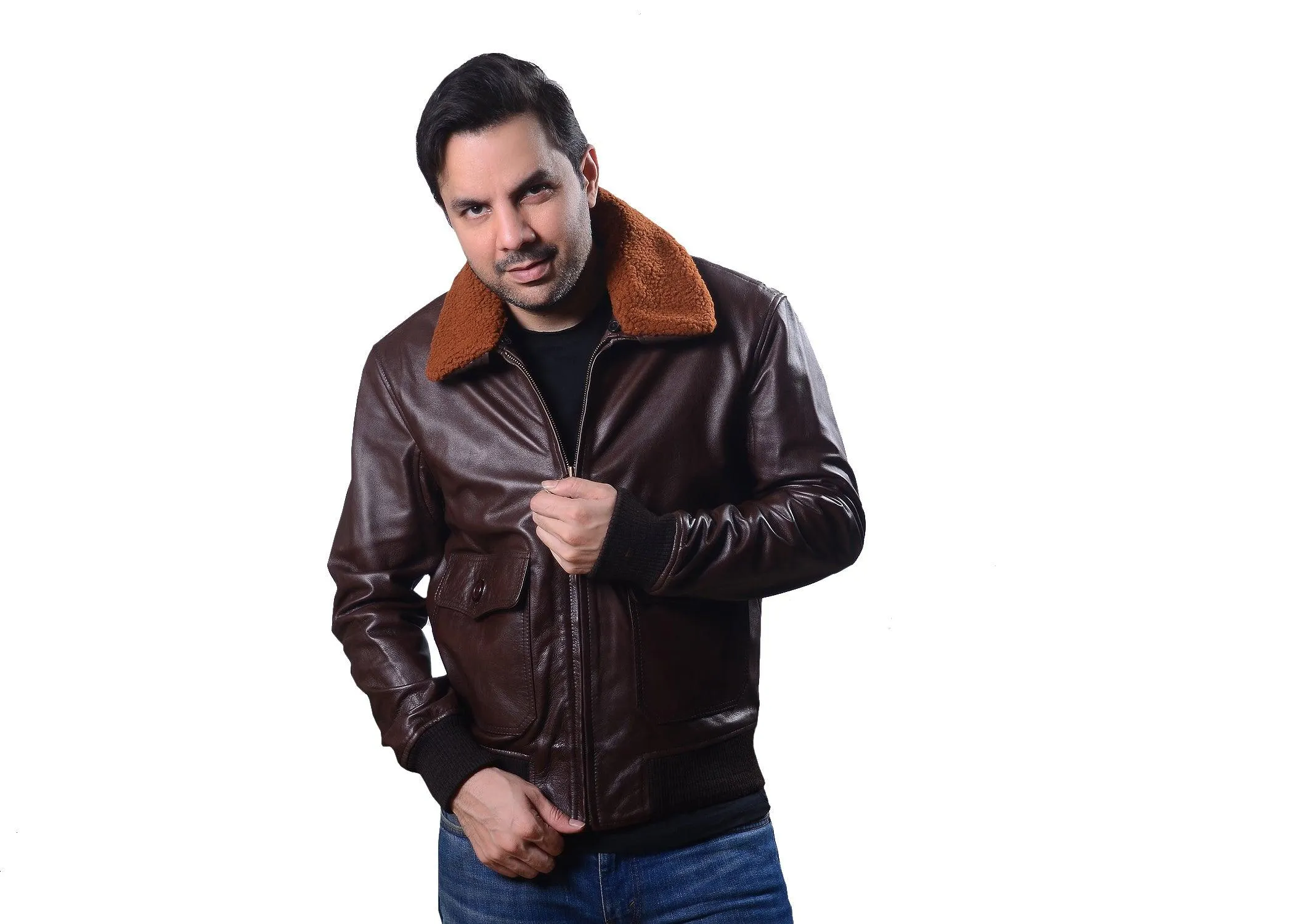 Men's G-1 Navy Leather Bomber Brown  Real Leather Jacket