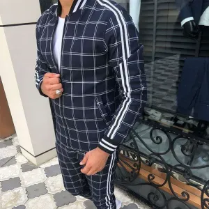 Men's Plaid Pattern Side Stripe Bomber Jacket & Pants Sweatsuit