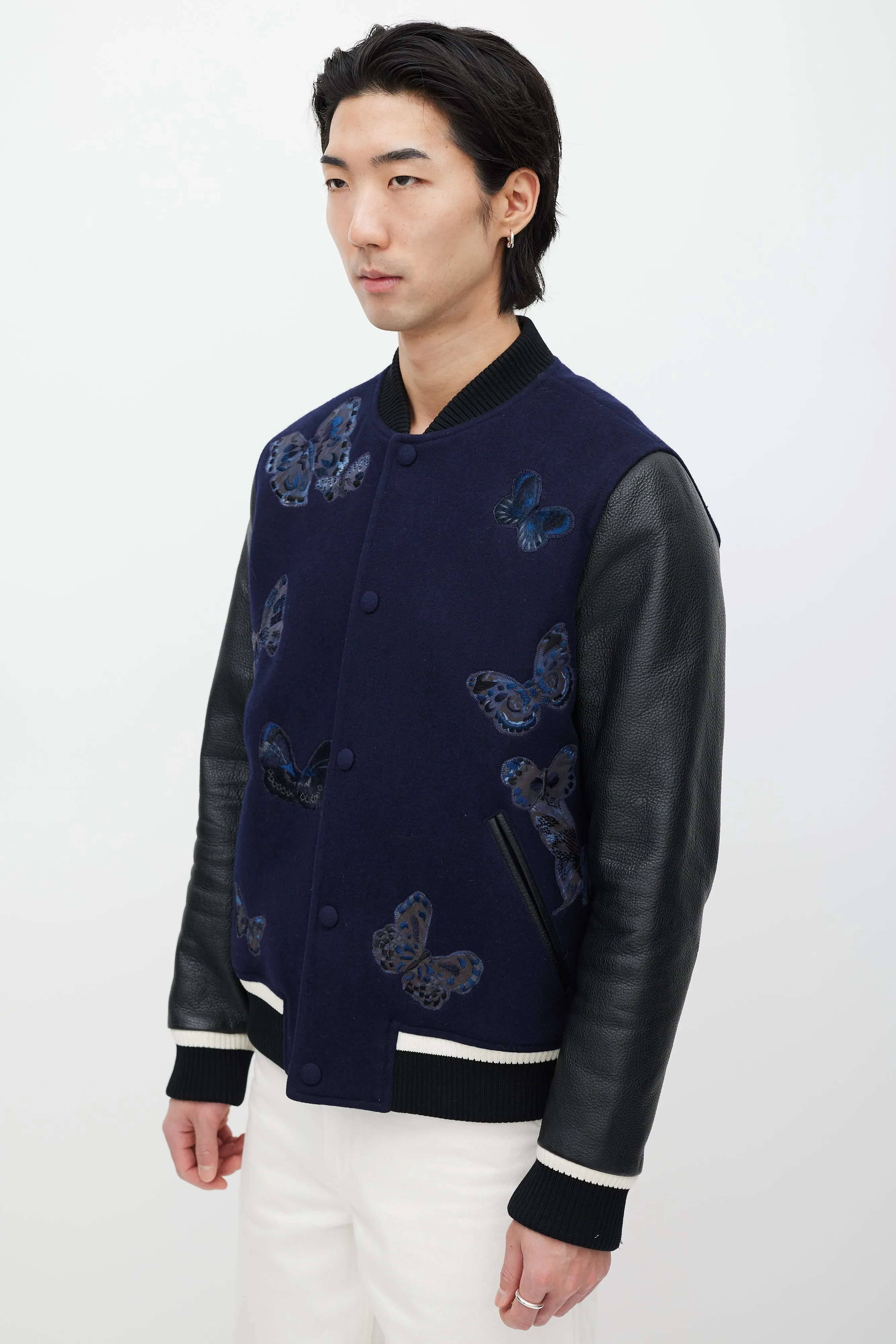 Navy & Black Wool Embroidered Varsity Jacket