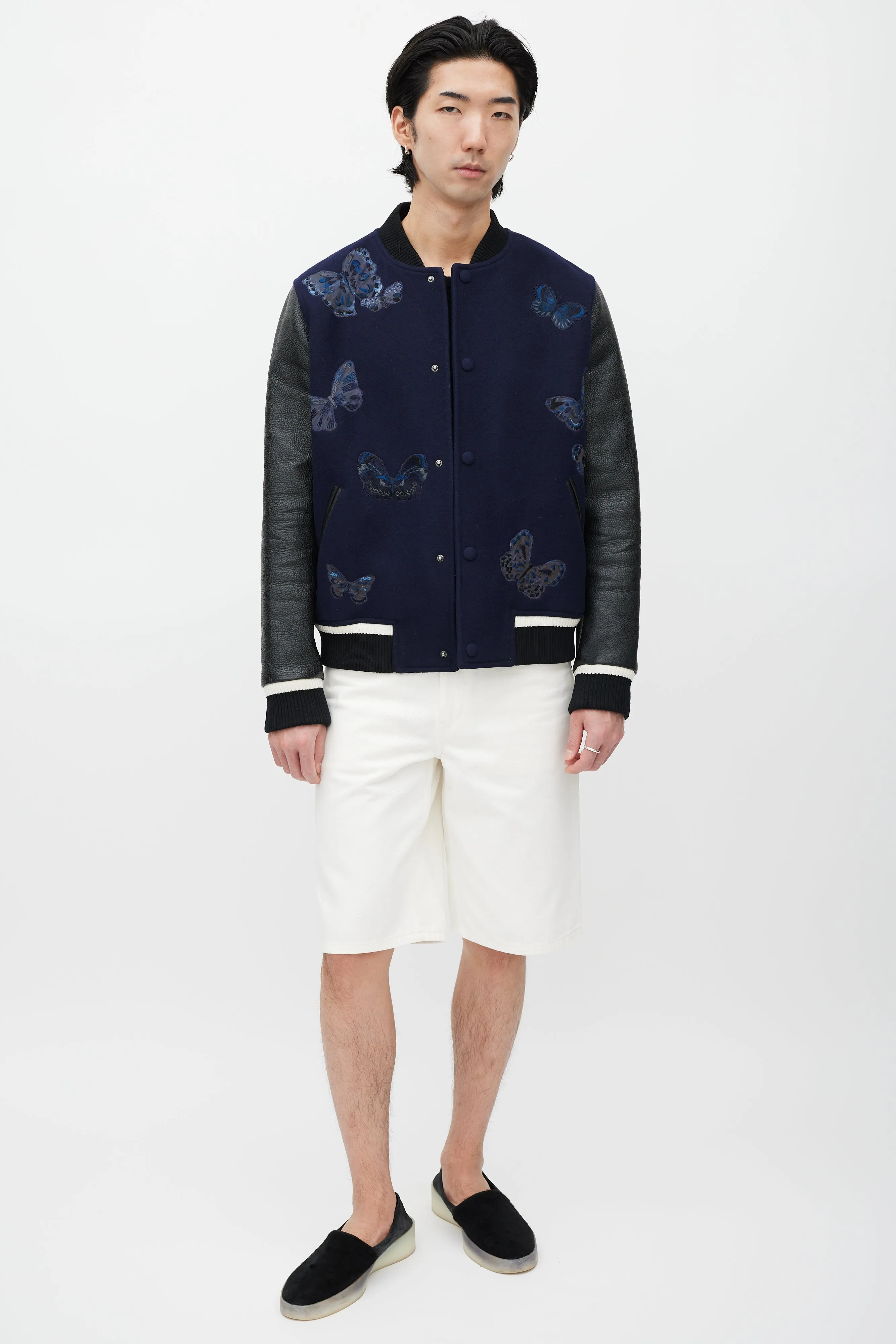 Navy & Black Wool Embroidered Varsity Jacket