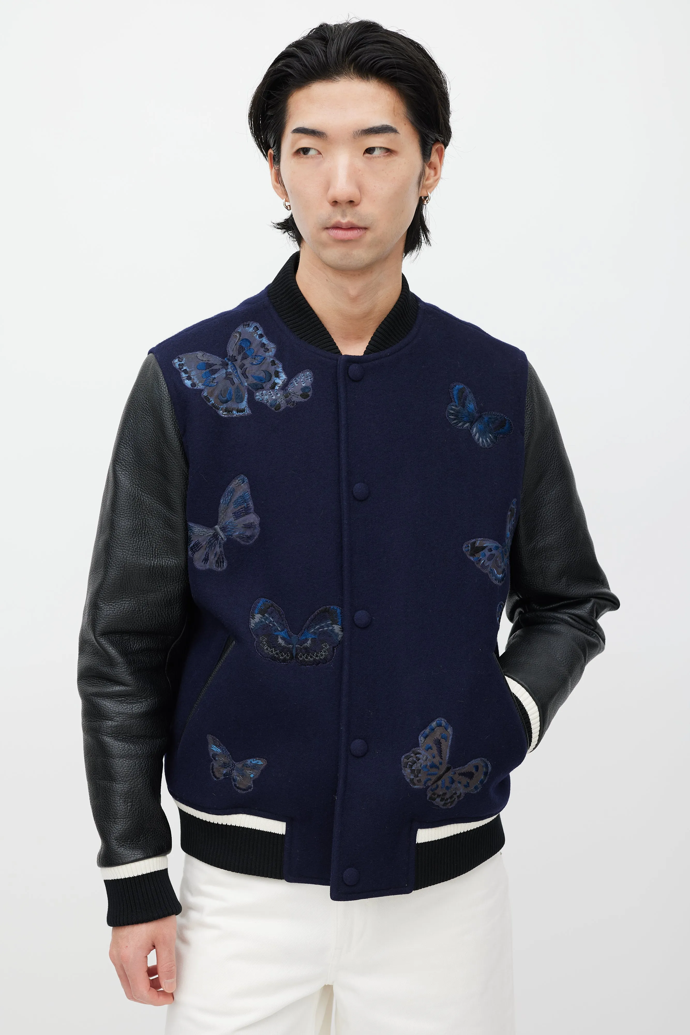 Navy & Black Wool Embroidered Varsity Jacket